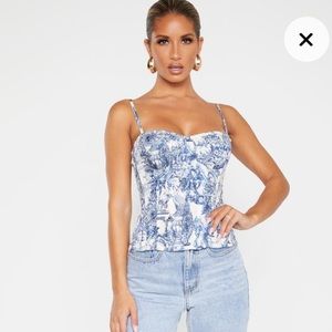 Pretty Little Thing Blue Renaissance Print Structured Corset Top
